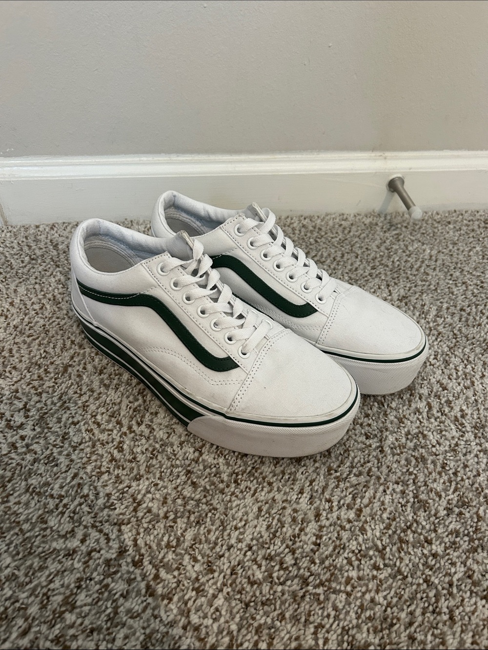 Vans White Platform Sneakers with Dark Green Stripe